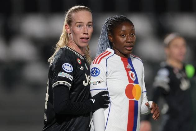 Biella, Italy, 19th November 2025. Amalie Jorgensen Vangsgaard of Juventus and Kadidiatou Diani of OL Lyonnes during the Juventus Women vs Lyonnes UEFA Womens Champions League match at Stadio Vittorio Pozzo, Biella. Picture credit should read: Jonathan Moscrop Sportimage EDITORIAL USE ONLY. No use with unauthorised audio, video, data, fixture lists, club league logos or live services. Online in-match use limited to 120 images, no video emulation. No use in betting, games or single club league player publications. SPI_052_JM_JUVE_LYONNES_UWCL SPI-4295-0052