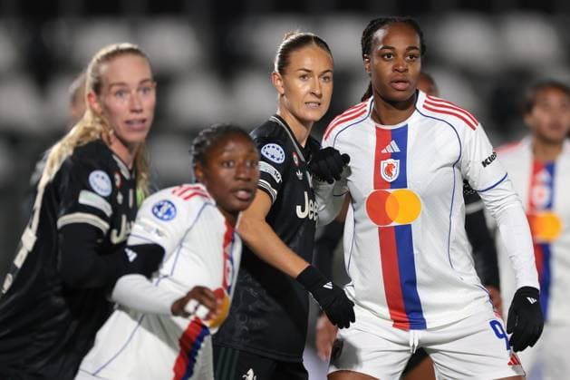 Biella, Italy, 19th November 2025. Emma Kullberg of Juventus and Marie-Antoinette Katoto of OL Lyonnes and Amalie Jorgensen Vangsgaard of Juventus and Kadidiatou Diani of OL Lyonnes during the Juventus Women vs Lyonnes UEFA Womens Champions League match at Stadio Vittorio Pozzo, Biella. Picture credit should read: Jonathan Moscrop Sportimage EDITORIAL USE ONLY. No use with unauthorised audio, video, data, fixture lists, club league logos or live services. Online in-match use limited to 120 images, no video emulation. No use in betting, games or single club league player publications. SPI_053_JM_JUVE_LYONNES_UWCL SPI-4295-0053