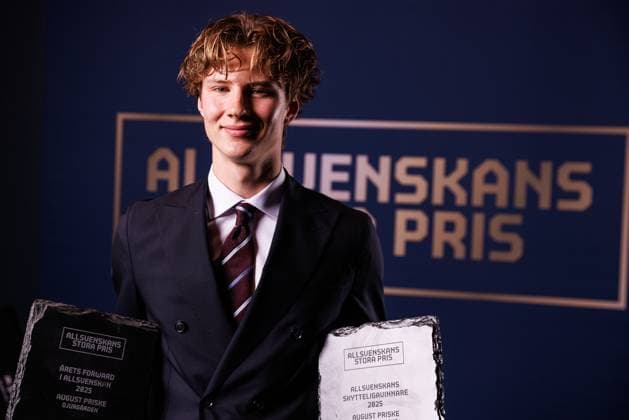251119 Djurgardens August Priske poses for a portrait with the award for Forward of the Year and Scorers League winner during Allsvenskans Grand Prize on November 19, 2025 in Stockholm  Copyright: CAISAxRASMUSSEN BB251119BB435