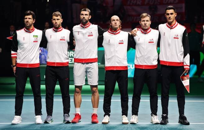 TENNIS - Davis Cup Final 8 BOLOGNA,ITALY,19.NOV.25 - TENNIS - ITF Davis Cup, Final 8, Italy vs Austria. Image shows captain Juergen Melzer, Filip Misolic, Jurij Rodionov, Lukas Neumayer, Lucas Miedler and Alexander Erler (AUT).  GEPAxpictures xMatthiasxHauer