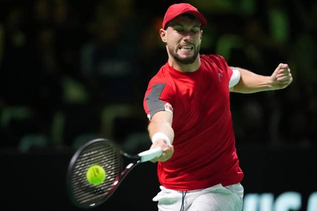 Filip Misolic in action during the Davis Cup Finals 2025 Quarterfinals match between Flavio Cobolli (Italy) and Filip Misolic (Austria) at Bologna Fiere, Bologna, Italy - November 19, 2025. - Tennis.  Copyright: xMassimoxPaolone LaPressex