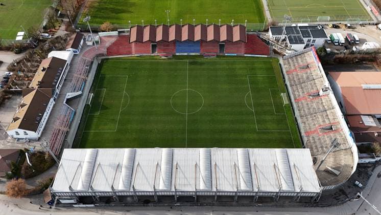 Here in the picture the Uhlsportpark in Unterhaching seen from above, home ground, stadium of the SpVgg Unterhaching, which FC Bayern Munich would probably like to buy