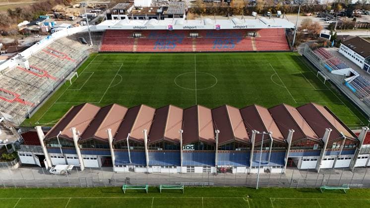 Here in the picture the Uhlsportpark in Unterhaching seen from above, home ground, stadium of the SpVgg Unterhaching, which FC Bayern Munich would probably like to buy