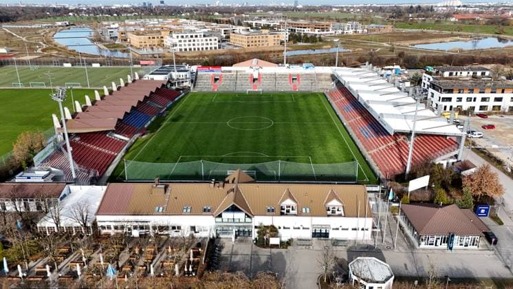 Here in the picture the Uhlsportpark in Unterhaching seen from above, home ground, stadium of SpVgg Unterhaching, which FC Bayern Munich would probably like to buy