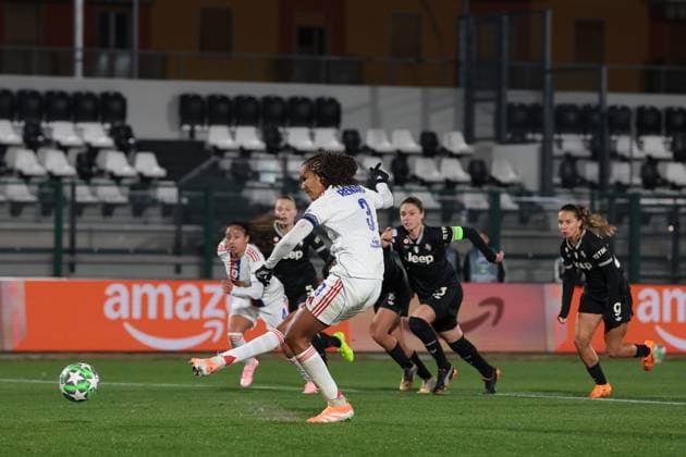 Biella, Italy, 19th November 2025. Wendie Renard of OL Lyonnes scores a penalty to level the scoreline at 3-3 during the Juventus Women vs Lyonnes UEFA Womens Champions League match at Stadio Vittorio Pozzo, Biella. Picture credit should read: Jonathan Moscrop Sportimage EDITORIAL USE ONLY. No use with unauthorised audio, video, data, fixture lists, club league logos or live services. Online in-match use limited to 120 images, no video emulation. No use in betting, games or single club league player publications. SPI_058_JM_JUVE_LYONNES_UWCL SPI-4295-0058