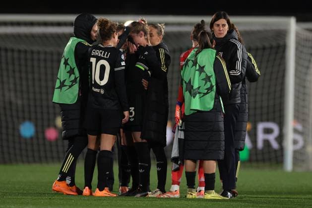 Biella, Italy, 19th November 2025. Team mates console a dejected Cecilia Salvai of Juventus after her handball gave away a penalty to enable the visitors to take a point following the final whistle of the Juventus Women vs Lyonnes UEFA Womens Champions League match at Stadio Vittorio Pozzo, Biella. Picture credit should read: Jonathan Moscrop Sportimage EDITORIAL USE ONLY. No use with unauthorised audio, video, data, fixture lists, club league logos or live services. Online in-match use limited to 120 images, no video emulation. No use in betting, games or single club league player publications. SPI_065_JM_JUVE_LYONNES_UWCL SPI-4295-0065