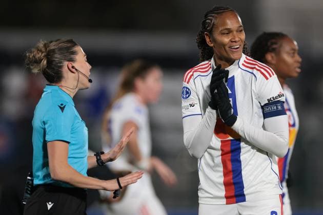Biella, Italy, 19th November 2025. Wendie Renard of OL Lyonnes reacts with the Referee Olatz Rivera Olmedo of Spain during the Juventus Women vs Lyonnes UEFA Womens Champions League match at Stadio Vittorio Pozzo, Biella. Picture credit should read: Jonathan Moscrop Sportimage EDITORIAL USE ONLY. No use with unauthorised audio, video, data, fixture lists, club league logos or live services. Online in-match use limited to 120 images, no video emulation. No use in betting, games or single club league player publications. SPI_072_JM_JUVE_LYONNES_UWCL SPI-4295-0072