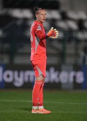 Biella, Italy, 19th November 2025. Pauline Peyraud-Magnin of Juventus reacts during the Juventus Women vs Lyonnes UEFA Womens Champions League match at Stadio Vittorio Pozzo, Biella. Picture credit should read: Jonathan Moscrop Sportimage EDITORIAL USE ONLY. No use with unauthorised audio, video, data, fixture lists, club league logos or live services. Online in-match use limited to 120 images, no video emulation. No use in betting, games or single club league player publications. SPI_075_JM_JUVE_LYONNES_UWCL SPI-4295-0075