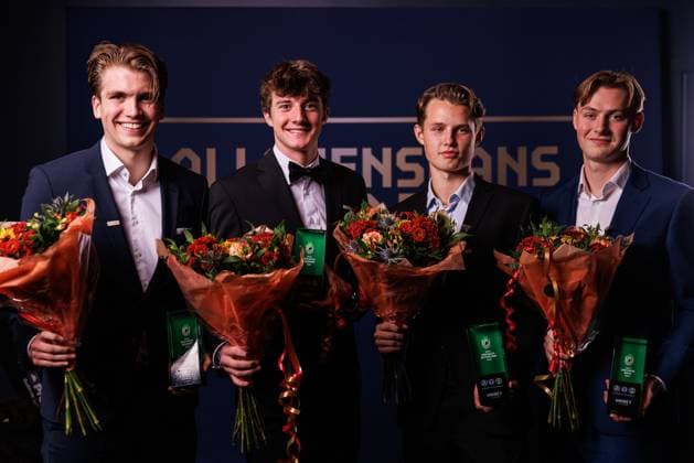 251119 GIF Sundsvalls goalkeeper Jakob Jäger Röding, Sirius Finlay Neat, Brommapojkarnas Oskar Jarde and Halmstads Hjalmar Aberg pose for a portrait with the award for the Years goalkeeper, forward, midfielder and back during Allsvenskans Grand Prize on November 19, 2025 in Stockholm  Copyright: CAISAxRASMUSSEN BB251119BB493