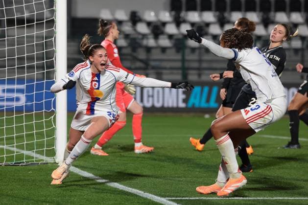 Biella, Italy, 19th November 2025. Jule Brand of OL Lyonnes celebrates with team mate Wendie Renard after heading the ball home only for her late effort to be disallowed for offside during the Juventus Women vs Lyonnes UEFA Womens Champions League match at Stadio Vittorio Pozzo, Biella. Picture credit should read: Jonathan Moscrop Sportimage EDITORIAL USE ONLY. No use with unauthorised audio, video, data, fixture lists, club league logos or live services. Online in-match use limited to 120 images, no video emulation. No use in betting, games or single club league player publications. SPI_084_JM_JUVE_LYONNES_UWCL SPI-4295-0084