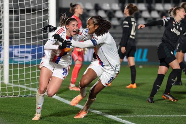 Biella, Italy, 19th November 2025. Jule Brand of OL Lyonnes celebrates with team mate Wendie Renard after heading the ball home only for her late effort to be disallowed for offside during the Juventus Women vs Lyonnes UEFA Womens Champions League match at Stadio Vittorio Pozzo, Biella. Picture credit should read: Jonathan Moscrop Sportimage EDITORIAL USE ONLY. No use with unauthorised audio, video, data, fixture lists, club league logos or live services. Online in-match use limited to 120 images, no video emulation. No use in betting, games or single club league player publications. SPI_086_JM_JUVE_LYONNES_UWCL SPI-4295-0086