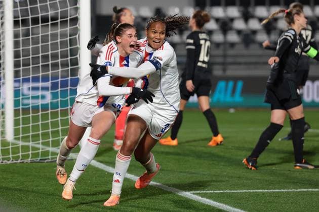 Biella, Italy, 19th November 2025. Jule Brand of OL Lyonnes celebrates with team mate Wendie Renard after heading the ball home only for her late effort to be disallowed for offside during the Juventus Women vs Lyonnes UEFA Womens Champions League match at Stadio Vittorio Pozzo, Biella. Picture credit should read: Jonathan Moscrop Sportimage EDITORIAL USE ONLY. No use with unauthorised audio, video, data, fixture lists, club league logos or live services. Online in-match use limited to 120 images, no video emulation. No use in betting, games or single club league player publications. SPI_087_JM_JUVE_LYONNES_UWCL SPI-4295-0088