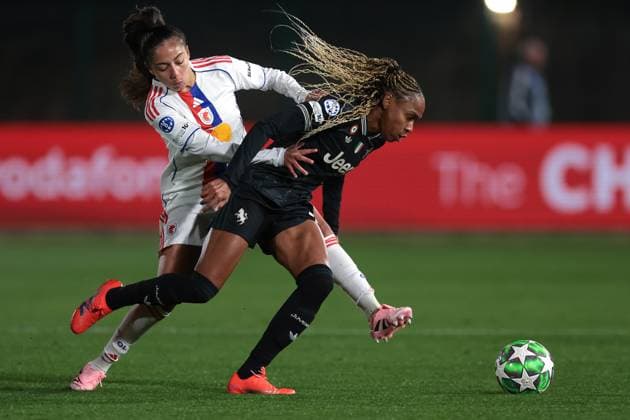 Biella, Italy, 19th November 2025. Selma Bacha of OL Lyonnes clashes with Lindsey Thomas of Juventus during the Juventus Women vs Lyonnes UEFA Womens Champions League match at Stadio Vittorio Pozzo, Biella. Picture credit should read: Jonathan Moscrop Sportimage EDITORIAL USE ONLY. No use with unauthorised audio, video, data, fixture lists, club league logos or live services. Online in-match use limited to 120 images, no video emulation. No use in betting, games or single club league player publications. SPI_092_JM_JUVE_LYONNES_UWCL SPI-4295-0092