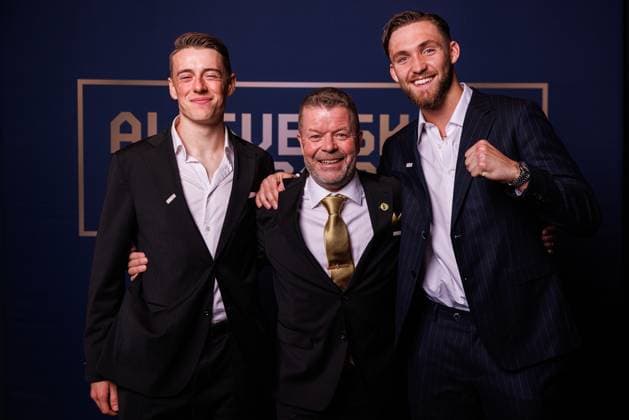 251119 Mjällbys Elliot Stroud, coach Anders Torstensson and goalkeeper Noel Törnqvist pose for a portrait during Allsvenskans Grand Prix on November 19, 2025 in Stockholm  Copyright: CAISAxRASMUSSEN BB251119BB537