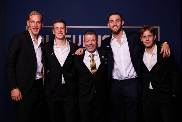 251119 Mjällbys Herman Johansson, Elliot Stroud, coach Anders Torstensson, goalkeeper Noel Törnqvist and Ludwig Malachowski pose for a portrait during Allsvenskans Grand Prize on November 19, 2025 in Stockholm  Copyright: CAISAxRASMUSSEN BB251119BB539