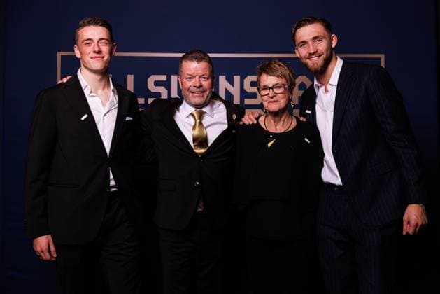 251119 Mjällbys Elliot Stroud, coach Anders Torstensson, Agneta Rydell and goalkeeper Noel Törnqvist pose for a portrait during Allsvenskans Grand Prix on November 19, 2025 in Stockholm  Copyright: CAISAxRASMUSSEN BB251119BB540