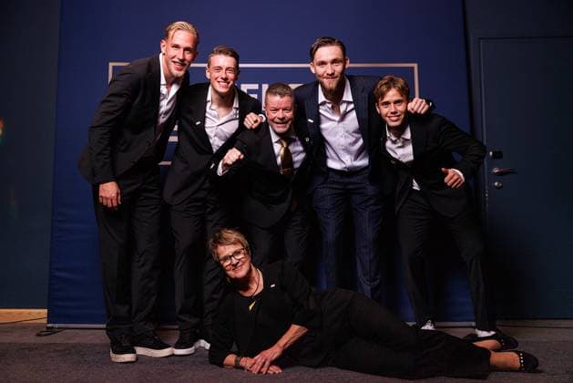 251119 Mjällbys Herman Johansson, Elliot Stroud, coach Anders Torstensson, goalkeeper Noel Törnqvist, Ludwig Malachowski and Agneta Rydell pose for a portrait during Allsvenskans Grand Prize on November 19, 2025 in Stockholm  Copyright: CAISAxRASMUSSEN BB251119BB542