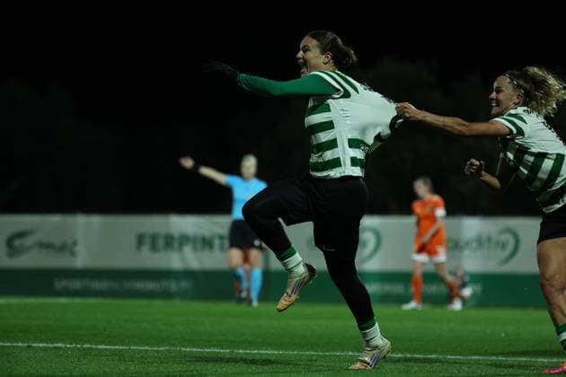 Telma Encarnacao ( Sporting CP Womens team ) celebrating a goal during the match between Sporting CP Womens team and Glasgow City LFC Womens team, valid for UEFA Womens Europa Cup 2025 2026 - round of 16 at Estadio Aurelio Pereira on 19 November 2025. Lisboa Estadio Aurelio Pereira Alcochete Portugal Copyright: xIMAGOx xPRIMExSPORTSxIMAGESx xFILIPExOLIVEIRAx