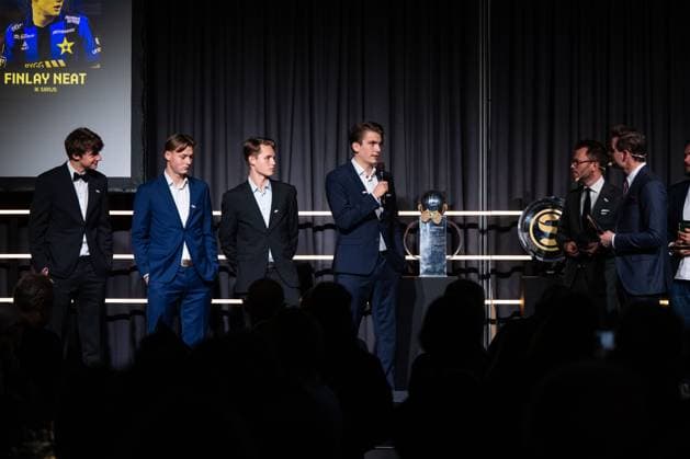 251119 Sirius Finlay Neat, Halmstads Hjalmar Aberg, Brommapojkarnas Oskar Jarde and GIF Sundsvalls goalkeeper Jakob Jäger Röding receive the award for the Unicoach player of the year during Allsvenskans Grand Prize on November 19, 2025 in Stockholm  Copyright: EMMAxWALLSKOG BB251119EW084