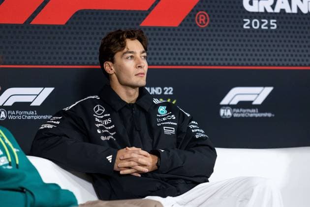 F1 - LAS VEGAS GRAND PRIX 2025 RUSSELL George (gbr), Mercedes AMG F1 Team W16, portrait press conference, PK, Pressekonferenz during the 2025 Formula 1 Las Vegas Grand Prix, 22th round of the 2025 FIA Formula One World Championship, WM, Weltmeisterschaft from November 21 to 23, 2025 on the Las Vegas Strip Circuit, in Paradise, Nevada, United States of America - Copyright: xJoaoxFilipex