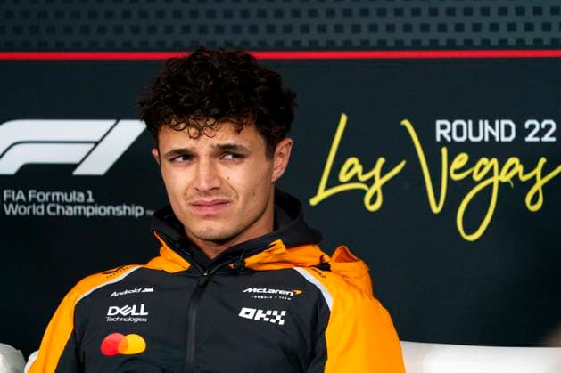 British Formula One driver Lando Norris of McLaren F1 Team is seen at a press conference, PK, Pressekonferenz during the Formula One Las Vegas Grand Prix at the Las Vegas Strip Circuit in Las Vegas on Wednesday, November 19, 2025.  LAS2025111910 GREGxNASH