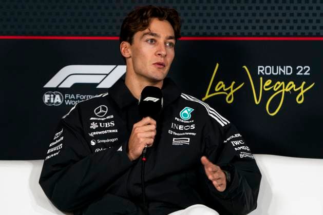 British Formula One driver George Russell of Mercedes-AMG Petronas answers a question at a press conference, PK, Pressekonferenz during the Formula One Las Vegas Grand Prix at the Las Vegas Strip Circuit in Las Vegas on Wednesday, November 19, 2025.  LAS2025111915 GREGxNASH