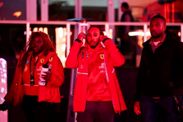 British Formula One driver Lewis Hamilton of Scuderia Ferrari is seen in the paddock during the Formula One Las Vegas Grand Prix at the Las Vegas Strip Circuit in Las Vegas on Wednesday, November 19, 2025.  LAS2025111930 GREGxNASH