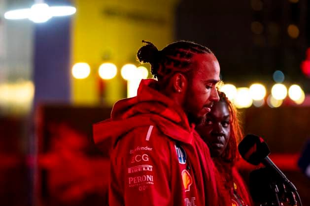 British Formula One driver Lewis Hamilton of Scuderia Ferrari is interviewed during the Formula One Las Vegas Grand Prix at the Las Vegas Strip Circuit in Las Vegas on Wednesday, November 19, 2025.  LAS2025111932 GREGxNASH