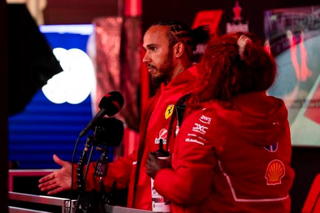 British Formula One driver Lewis Hamilton of Scuderia Ferrari is interviewed during the Formula One Las Vegas Grand Prix at the Las Vegas Strip Circuit in Las Vegas on Wednesday, November 19, 2025.  LAS2025111933 GREGxNASH