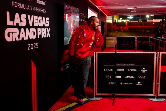 British Formula One driver Lewis Hamilton of Scuderia Ferrari leaves the media pen during the Formula One Las Vegas Grand Prix at the Las Vegas Strip Circuit in Las Vegas on Wednesday, November 19, 2025.  LAS2025111937 GREGxNASH