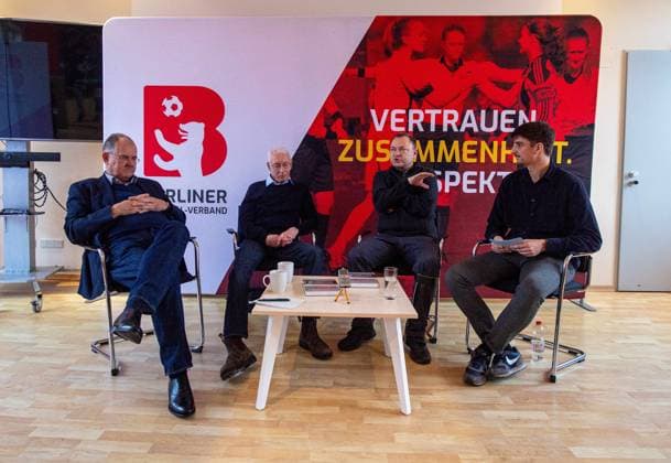 Soccer, 2025 2026 season, book launch A pillar of the system Berlin soccer under National Socialism, pictured from l President Bernd Schultz Berlin Football Association , Daniel Küchenmeister historian and editor , Dr Thomas Schneider historian and editor , press spokesman Janosch Franke Berlin Football Association , 20 11 2025, Copyright: xMatthiasxKochx