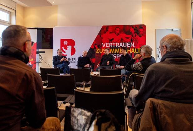 Soccer, 2025 2026 season, book launch A pillar of the system Berlin soccer under National Socialism, pictured from l President Bernd Schultz Berlin Football Association , Daniel Küchenmeister historian and editor , Dr Thomas Schneider historian and editor , press spokesman Janosch Franke Berlin Football Association , 20 11 2025, Copyright: xMatthiasxKochx