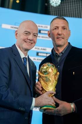 Soccer FIFA World Cup Qualification Europe 2025 26 Playoff Draw Home of FIFA Zurich, Switzerland Gianni Infantino FIFA President and Marco Materazzi FIFA Legend with World Cup Trophy, Cup Zurich Canton Zurich Switzerland Copyright: xJOERANxSTEINSIEKx