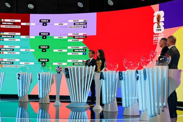 Football FIFA World Cup Qualification Europe 2025 26 Playoff Draw Home of FIFA Zurich, Switzerland Stage with Manolo Zubiria FIFA Draw Director Melanie Winiger Presenter Marco Materazzi FIFA Legend Martin Dahlin FIFA Legend Zurich Canton of Zurich Switzerland Copyright: xJOERANxSTEINSIEKx