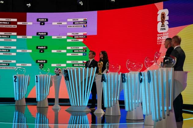 Football FIFA World Cup Qualification Europe 2025 26 Playoff Draw Home of FIFA Zurich, Switzerland Stage with Manolo Zubiria FIFA Draw Director Melanie Winiger Presenter Marco Materazzi FIFA Legend Martin Dahlin FIFA Legend Zurich Canton of Zurich Switzerland Copyright: xJOERANxSTEINSIEKx
