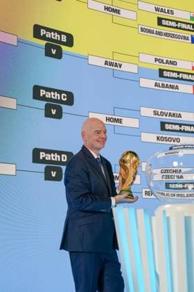 Football FIFA World Cup Qualification Europe 2025 26 Playoff Draw Home of FIFA Zurich, Switzerland Gianni Infantino FIFA President with World Cup trophy, cup Copyright: xJOERANxSTEINSIEKx