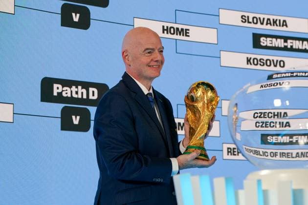 Football FIFA World Cup Qualification Europe 2025 26 Playoff Draw Home of FIFA Zurich, Switzerland Gianni Infantino FIFA President with World Cup trophy, cup Copyright: xJOERANxSTEINSIEKx