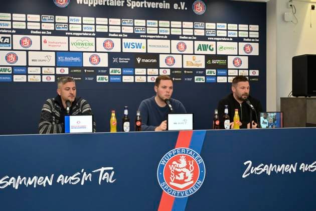 GER, Regionalliga West, Wuppertaler SV Press conference for the match 20 11 2025,Wuppertal ,Stadion am Zoo, GER, Regionalliga West, Wuppertaler SV Press conference for the match DFB Regionalliga West regulations prohibit any use of photographs as image sequences and or quasi video in the picture Sports director Gaetano Manno Wuppertaler SV , press spokesman Max Schleicher and coach Sebastian Tyrala Wuppertaler SV NordphotoxGmbHx xFreund nph00018