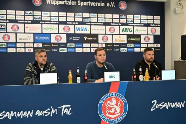 GER, Regionalliga West, Wuppertaler SV Press conference for the match 20 11 2025,Wuppertal ,Stadion am Zoo, GER, Regionalliga West, Wuppertaler SV Press conference for the match DFB Regionalliga West regulations prohibit any use of photographs as image sequences and or quasi video in the picture Sports director Gaetano Manno Wuppertaler SV , press spokesman Max Schleicher and coach Sebastian Tyrala Wuppertaler SV NordphotoxGmbHx xFreund nph00018