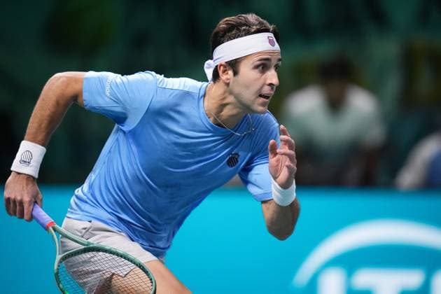 Tomas Martin Etcheverry in action during the Davis Cup Finals 2025 Quarterfinals match between Tomas Martin Etcheverry (Argentina) and Jan-Lennard Struff (Germany) at Bologna Fiere, Bologna, Italy - November 20, 2025. - Tennis.  Copyright: xMassimoxPaolone LaPressex