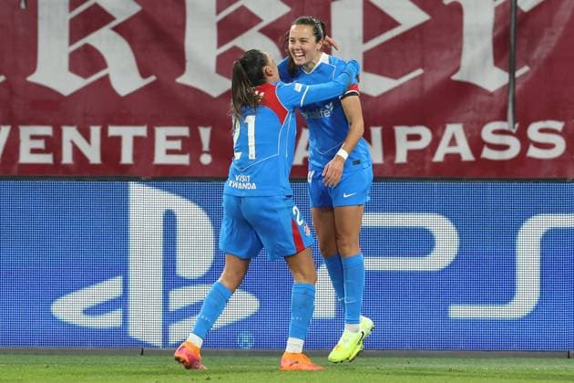 Amaiur Sarriegi of Atletico Madrid celebrates after scoring the goal during the match FC Twente Enschede vs Atletico de Madrid at the Stadium the Grolsch Veste for the Champions League women season 2025 2026 in ENSCHEDE, Netherlands on 20 november 2025, photo by Peter Lous EYE4images DeFodi Images