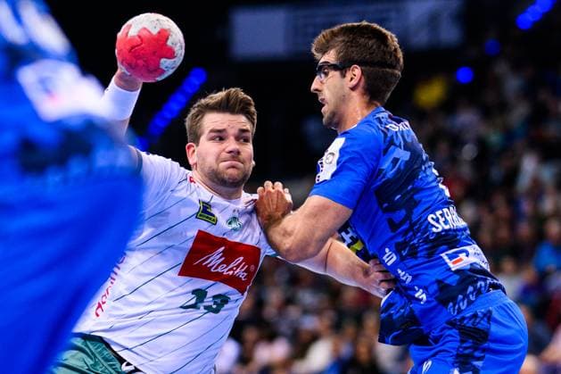 TVB Stuttgart GWD Minden Handball 1 Bundesliga, Men, Season 2025 2026, TVB Stuttgart GWD Minden, Porsche Arena Mindens Ian Weber in action against Stuttgarts Antonio Serradilla r Stuttgart Porsche Arena Baden Württemberg Germany