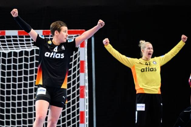 Handball, Womens national match Switzerland Germany Alina Grijseels Germany , Goalkeeper Katharina Filter Germany Cheering Joy Emotion St Gallen Kreuzbleiche Switzerland