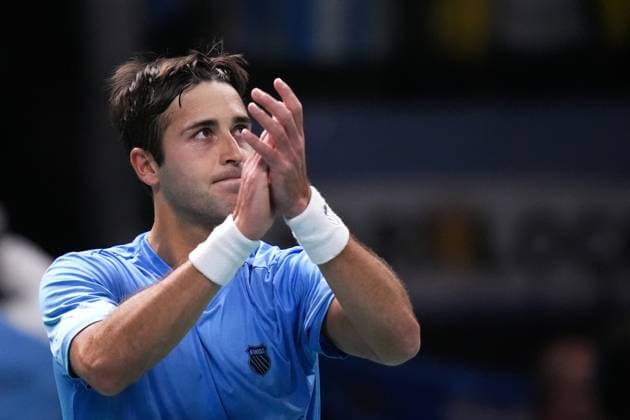 Tomas Martin Etcheverry celebrates for the victory at the end of the Davis Cup Finals 2025 Quarterfinals match between Tomas Martin Etcheverry (Argentina) and Jan-Lennard Struff (Germany) at Bologna Fiere, Bologna, Italy - November 20, 2025. - Tennis.  Copyright: xMassimoxPaolone LaPressex