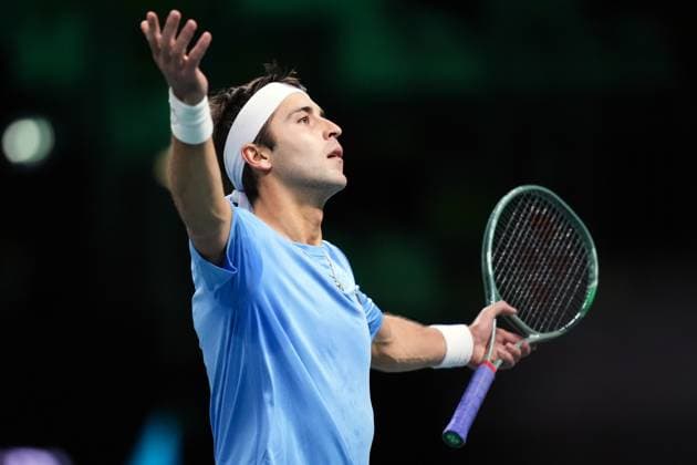 Tomas Martin Etcheverry celebrates for the victory at the end of the Davis Cup Finals 2025 Quarterfinals match between Tomas Martin Etcheverry (Argentina) and Jan-Lennard Struff (Germany) at Bologna Fiere, Bologna, Italy - November 20, 2025. - Tennis.  Copyright: xMassimoxPaolone LaPressex