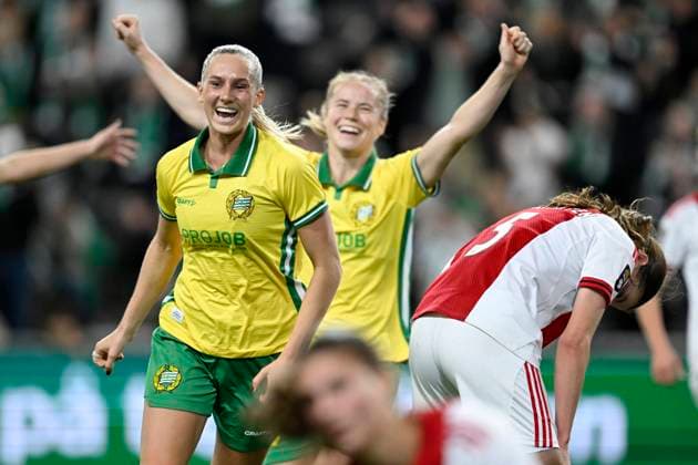 STOCKHOLM, SWEDEN 20251120 Hammarbys Ellen Wangerheim and Julie Blakstad celebrate after Asato Miyagawas goal and equalizer to 1 1 not in picture during Thursdays Europa Cup qualifying match 2 of 2 between Hammarby IF and AFC Ajax at 3Arena STOCKHOLM SWEDEN x10050x  Copyright: xPontusxLundahl TTx EUROPA CUP-KVAL HAMMARBY-AJAX