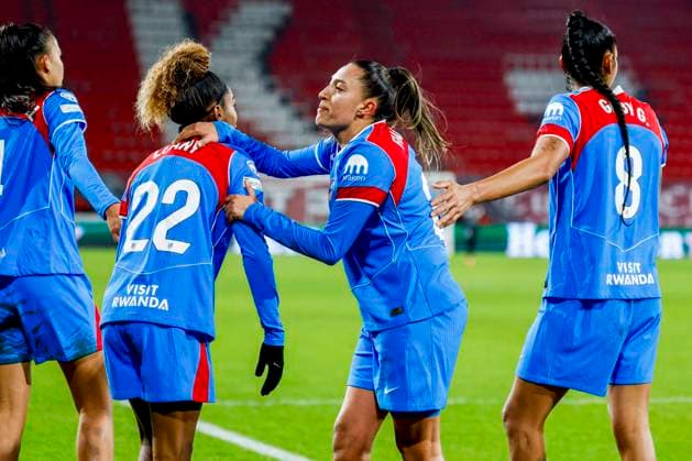 Fiamma of Atletico Madrid celebrates with teammates after scoring her teams fourth goal FC Twente v Club Atletico de Madrid, UEFA Women s Champions League 2025 26 League Phase MD4, FC Twente v Club Atletico de Madrid, FC Twente Stadion, November 20, 2025, Enschede, Netherlands.