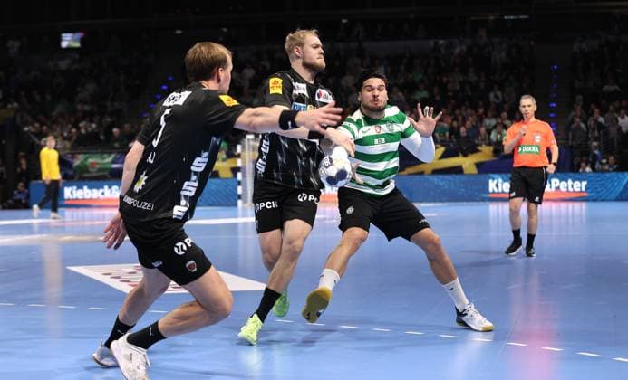 Max Darj, Matthes Langhoff, Natan Antonio Suarez Diaz on the ball duel match scene Action Sport Handball CL Champions League Champions League Men 8 Matchday Season 2025 2026 20 11 2025 Füchse Berlin vs Sporting CP Lisbon LCP in the Max Schmeling Halle