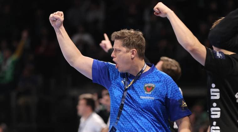 Coach Nicolej Krickau cheers joy emotion jubilation Sport Handball CL Champions League Champions League Men 8 Matchday Season 2025 2026 20 11 2025 Füchse Berlin vs Sporting CP Lisbon LCP in the Max Schmeling Halle