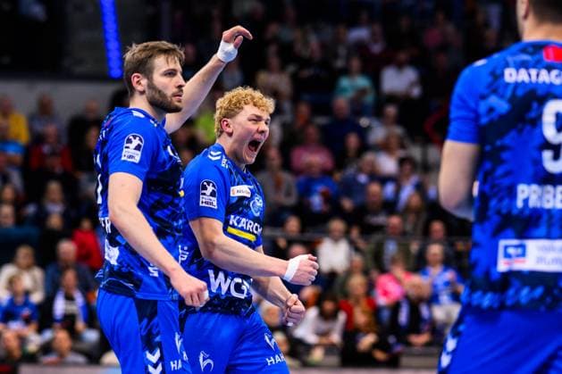 TVB Stuttgart GWD Minden Handball 1 Bundesliga, Men, Season 2025 2026, TVB Stuttgart GWD Minden, Porsche Arena Stuttgarts Max Heydecke cheers Stuttgart Porsche Arena Baden Württemberg Germany